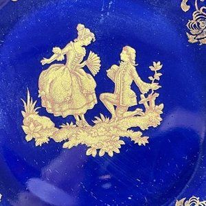 Limoges France Cobalt Blue Porcelain Saucer Gold Floral Trim Courting Couple